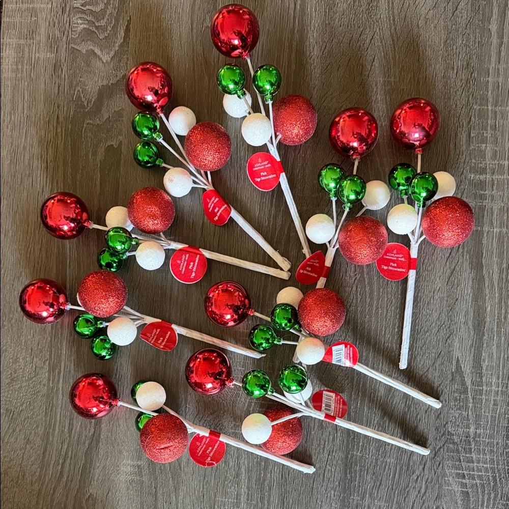 Red, Green & White Holiday Pick Set of 9